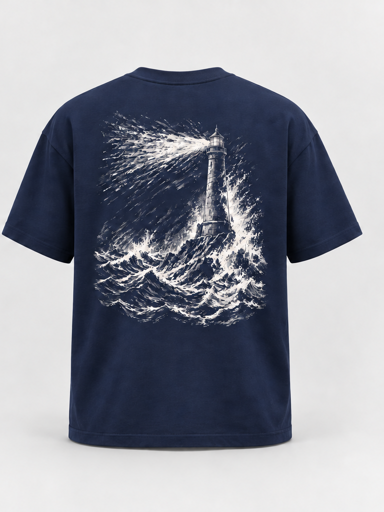Navy Beacon T-shirt with a warm-white lighthouse engraving on the back