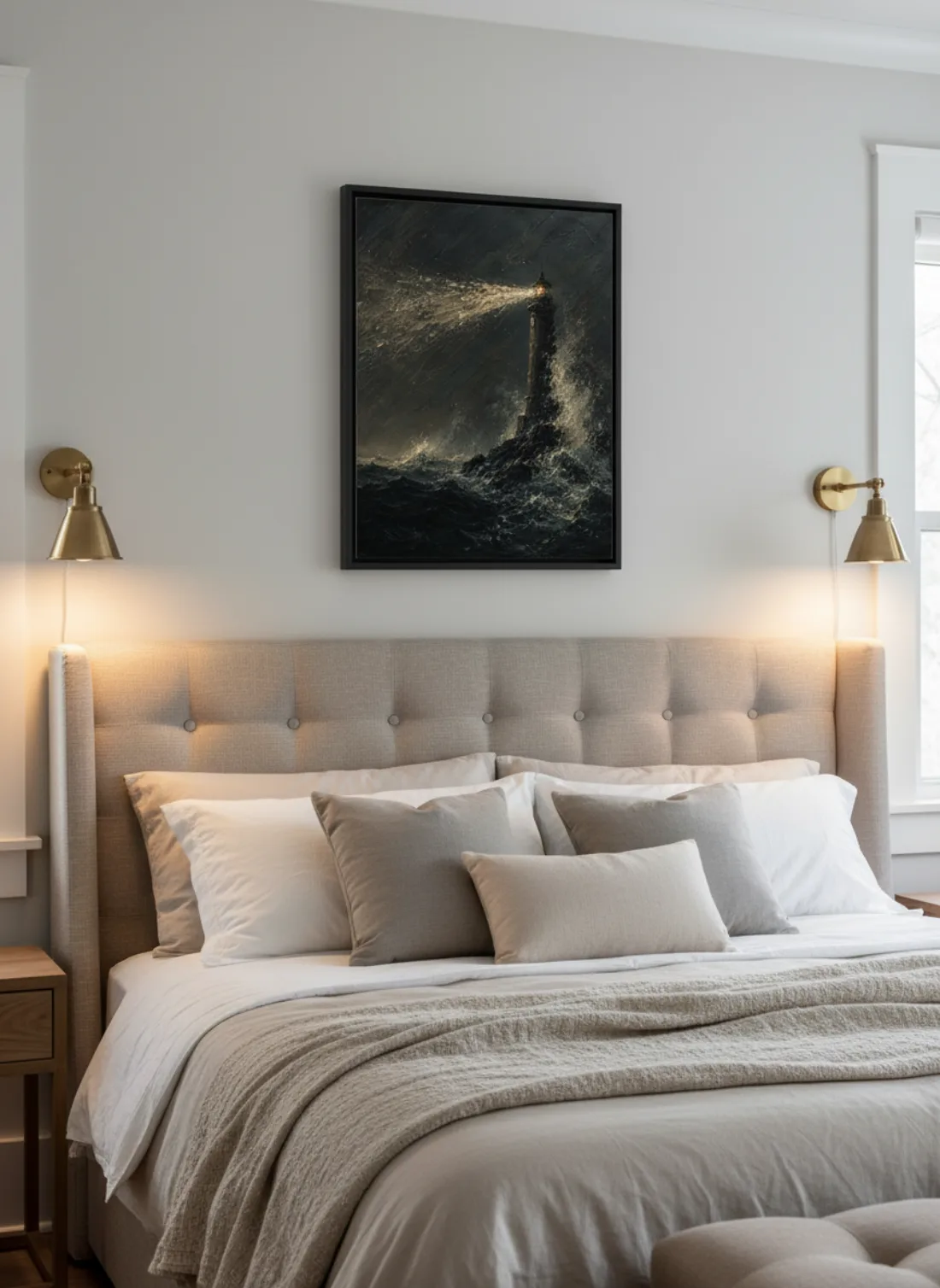 A framed sea painting above a bed