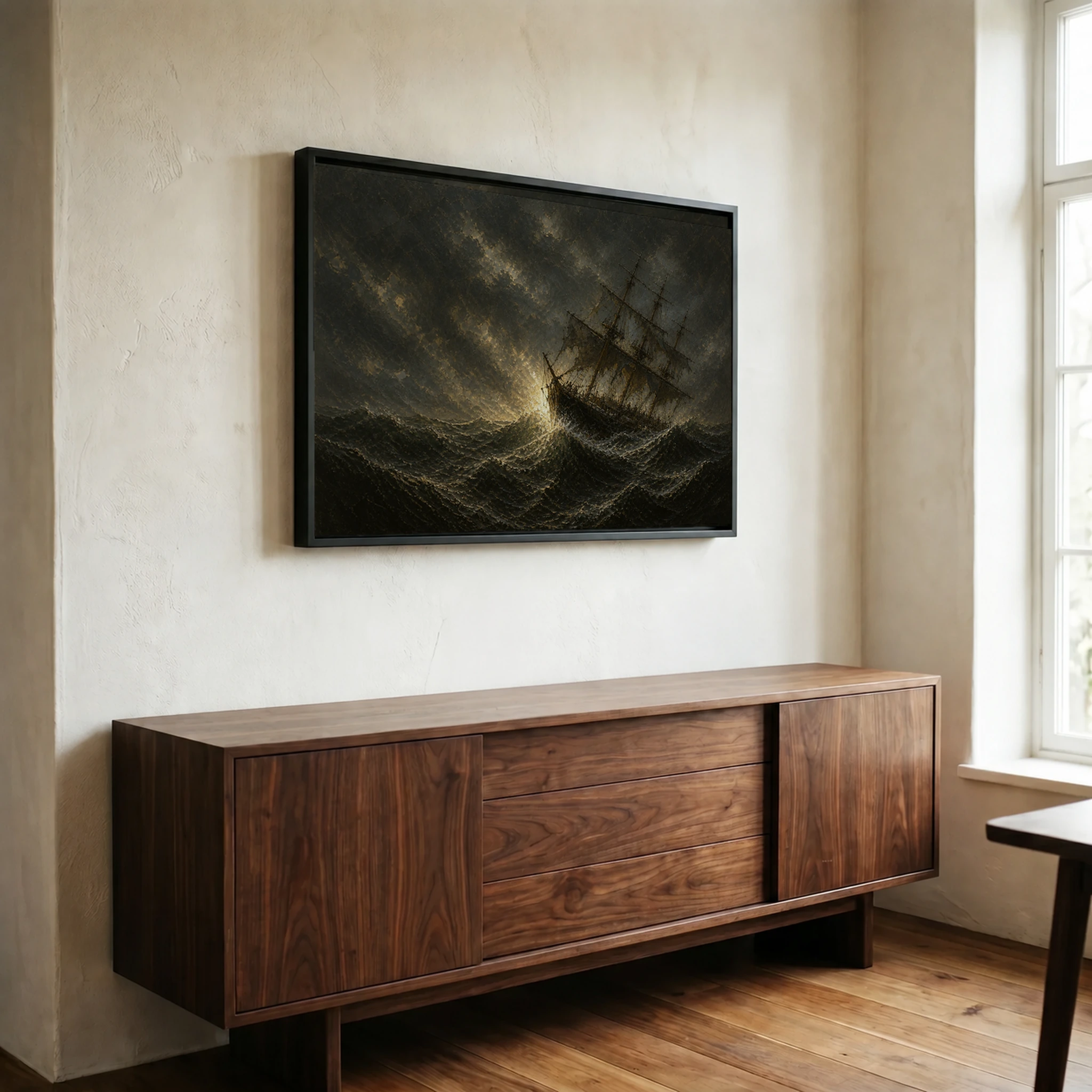 Room visualization of The Man-of-War in a black frame above a sideboard